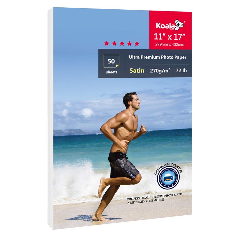 KOALA PAPER Koala Ultra Premium Photo Paper 11x17 In Satin Photo Printer Paper for Inkjet Printer Water-Resistant Semi Gloss 50 Sheets 72lb - Image 1